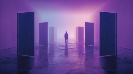 A mysterious silhouette stands among multiple open doors in a surreal, illuminated, and colorful space, creating a sense of choice and wonder.