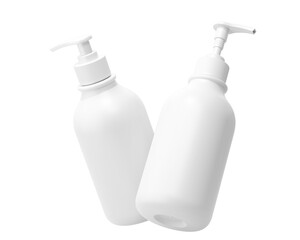 Blank White plastic cosmetic shampoo bottle, lotion pump bottle Packaging Isolated On Transparent Background, Prepared For Mockup, 3D Render.