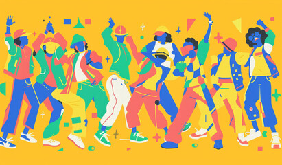 Obraz premium a group of figures that are doing different dance moves, in the style of simple, colorful illustrations, bold line work, bold color blocks, genderless 