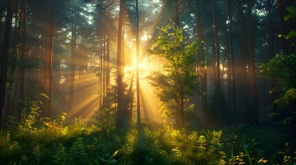 Fototapeta premium Dramatic Woodland Scene with shafts of light coming through the Trees. Beautiful Sunrise Nature Background