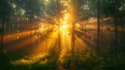 Obraz premium Dramatic Woodland Scene with shafts of light coming through the Trees. Beautiful Sunrise Nature Background