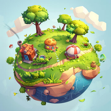 casual style online slot game, farm planet, spherical environment, small planet, coin master art style