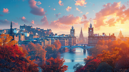 Fototapeta premium Edinburgh, United Kingdom city skyline created with Generative AI technology