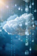 Obraz premium Cloud computing concept with digital locks, secure data transmission, and blue background. Symbolizes online security and data protection.