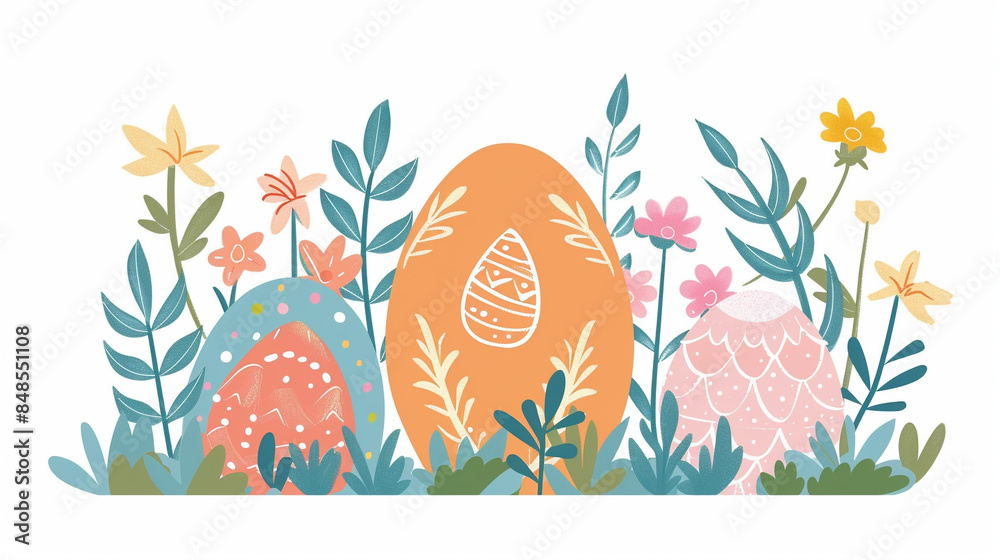 Canvas Prints create a simple flat vector illustration for easter banner with plain color eggs and flowers