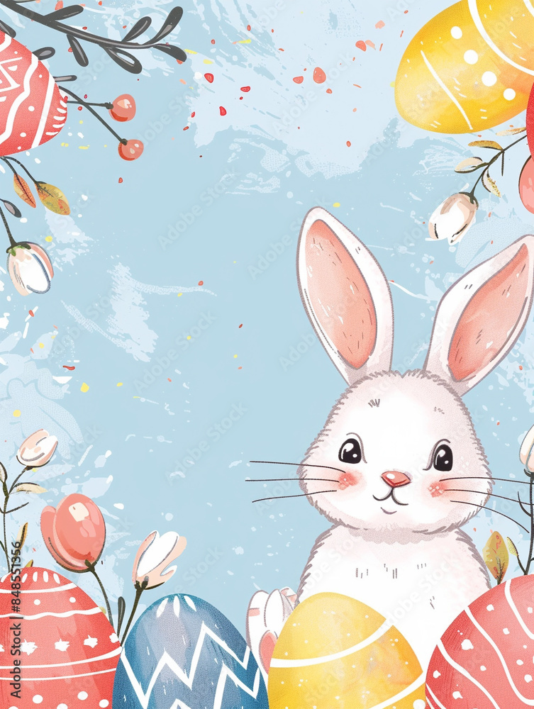 Poster easter eggs day frame background with rabbit, copy space