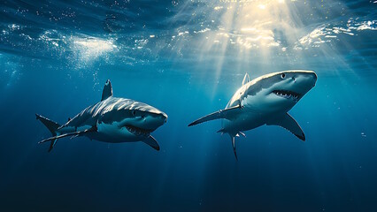 Obraz premium Shark underwater in the ocean, dangerous underwater predator.