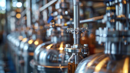 Fototapeta premium Detailed view of stainless steel equipment in an industrial setting, showcasing the intricate design and precision engineering.