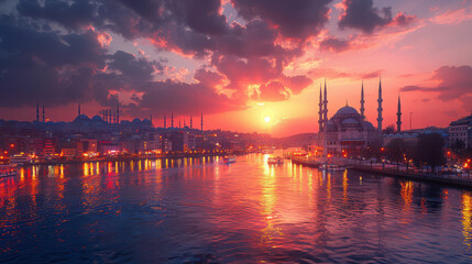 Naklejka premium Istanbul, Turkey city skyline created with Generative AI technology