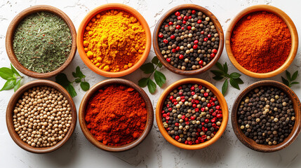 Many bowls filled with different types of spices with white background top view
