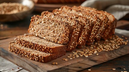 Cut multi grain bread displayed on a cutting board