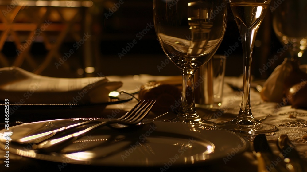 Canvas Prints Macro shot of a fine dining setting, polished silverware arrangement, sparkling wine glass, no humans, intimate lighting 