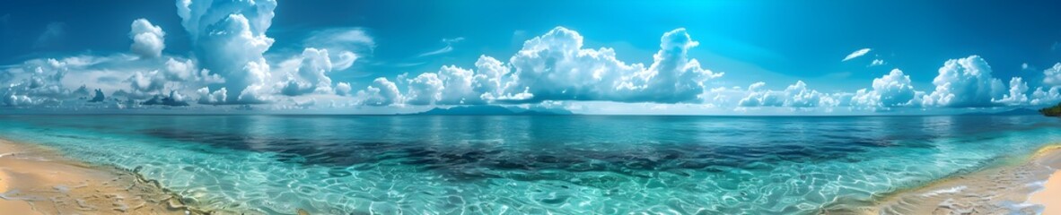Obraz premium Peaceful Tropical Seascape with Turquoise Waters and Blue Skies. Summer Ocean Panorama with White Fluffy Clouds