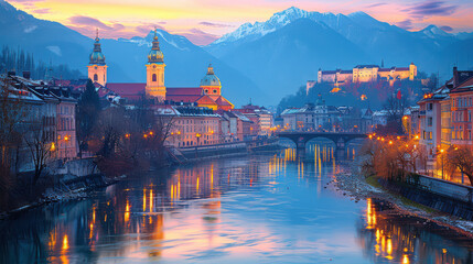 Obraz premium Ljubljana, Slovenia city skyline created with Generative AI technology