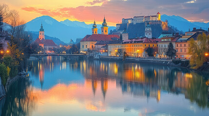 Ljubljana, Slovenia city skyline created with Generative AI technology