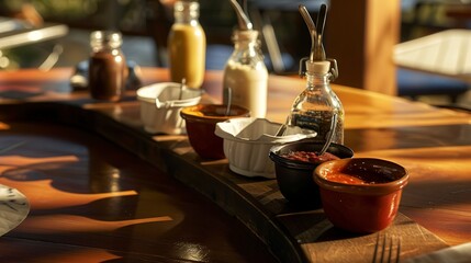 Fototapeta premium Close-up of a casual dining settingâ€™s condiment station, variety of sauces, no humans, detailed textures, natural light 