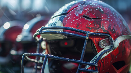 Fototapeta premium A red football helmet covered in rain, emphasizing the toughness and resilience required in the sport.