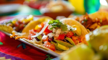 Close view of a colorful Mexican taco with fresh toppings, no humans, detailed textures, festive tablecloth