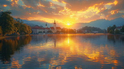 Obraz premium Ljubljana, Slovenia city skyline created with Generative AI technology