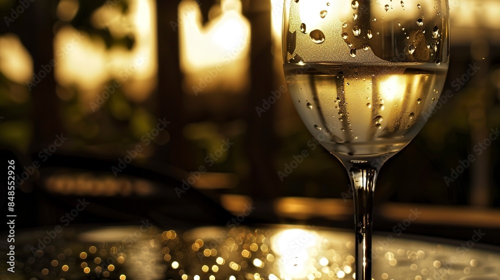 Sticker Macro shot of a chilled white wine glass on an outdoor patio table, no humans, dew drops on glass, sunset ambiance 