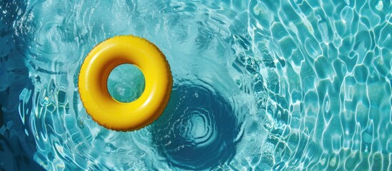 Refreshingly cool blue pool featuring a yellow pool float and room for text
