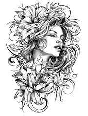 A woman with long hair and a flowery design on her face. The flowers are in various sizes and are scattered throughout the design. Scene is whimsical and playful