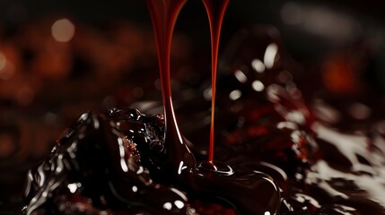 Close-up of drizzling dark chocolate over a decadent dessert, no humans, glossy finish, rich texture detail 