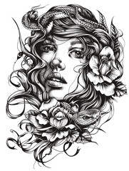 A woman with a snake on her head and flowers on her head