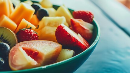 Macro view of a family-style fruit bowl, vibrant colors, no humans, health-focused meal, detailed textures 