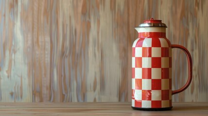 Red and white checkered metal thermos on wooden table