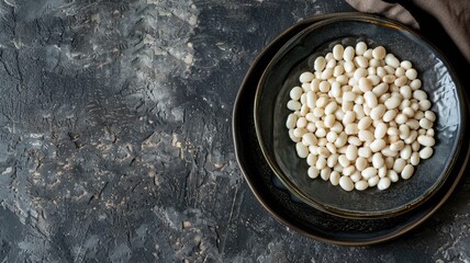Plate of white beans on dark textured surface