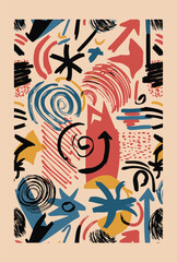 Seamless pattern with various geometric trendy shapes. Bold brush drawn geometric figures and objects ornament. Arrow, circles,swirls, asterisk and curved bold lines. Hand drawn abstract pattern.