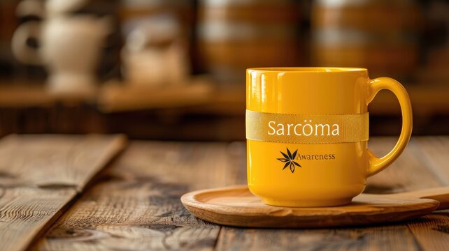 Yellow Sarcoma Awareness mug on wooden table
