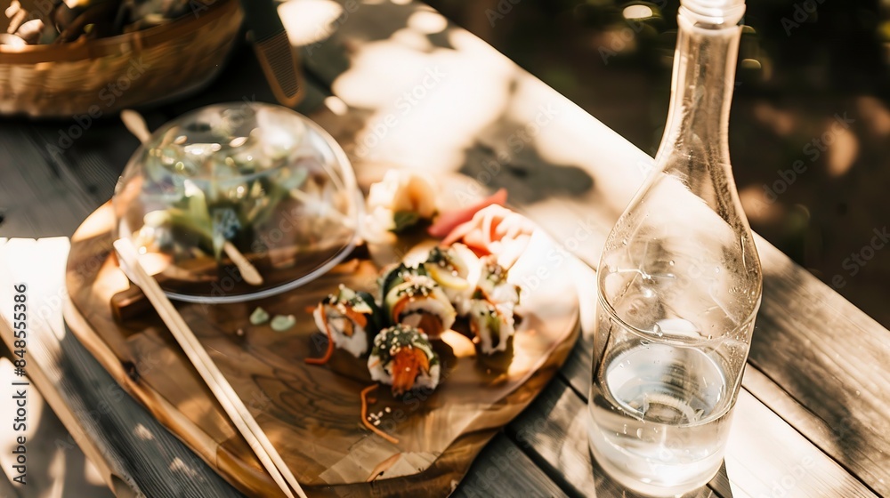 Poster Close-up of a bamboo table with a vegan sushi platter, compostable chopsticks, and a recycled glass water bottle, natural daylight. 