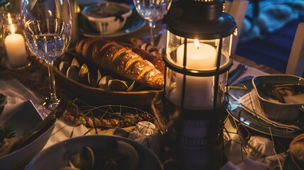 Close-up of a nautical-themed table with clam chowder, sourdough bread, and a lighthouse centerpiece, cozy ambient light. 