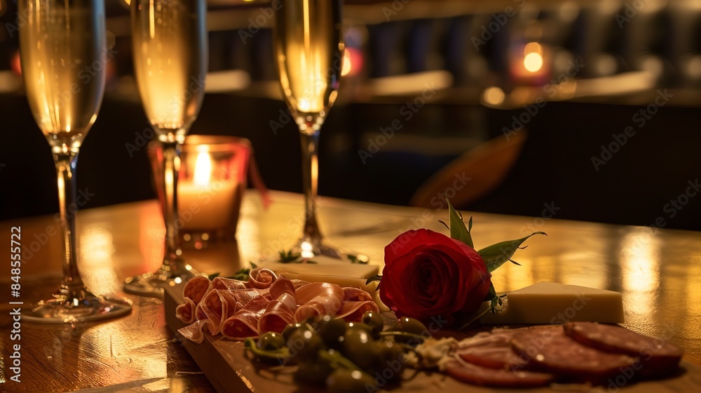 Canvas Prints Close-up of a bistro table with a charcuterie board, two glasses of champagne, and a red rose, soft ambient light. 