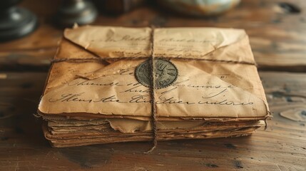Stack of Antique Letters Tied with Twine and Sealed with Wax