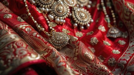 Stunning silver jewelry complementing red silk adorned with beautiful motifs