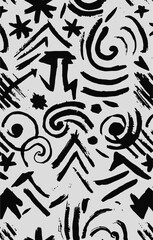 Seamless pattern featuring a medley of geometric shapes. bold brush-drawn arrow shapes, circles, swirls, asterisks, and curved lines,