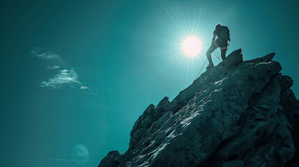 Hiker Standing on a Mountain Peak Under the Moonlight