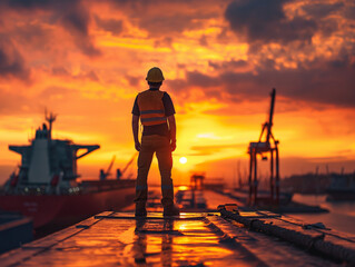 Fototapeta premium a photo of a worker at depot seeing a sunset