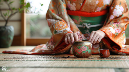 Fototapeta premium Close-up of a Japanese tea ceremony with a person in a colorful kimono, focusing on traditional teaware and delicate movements.