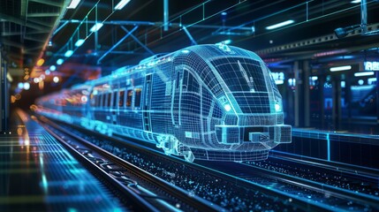 Fototapeta premium Futuristic Wireframe Train Arriving at a Station