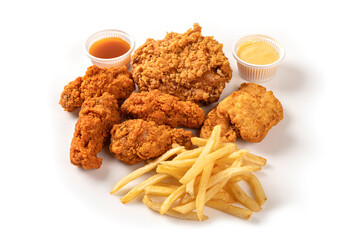 Fried Chicken with nuggets and potato fries on white background.