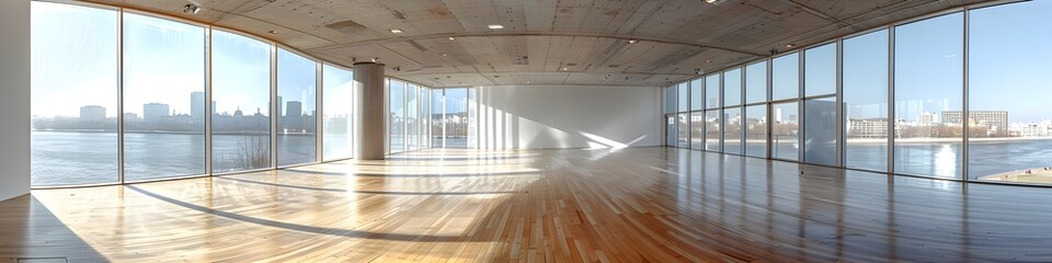 Obraz premium Empty Gallery Space with Oak wood floor and Light Concrete Walls. Bright modern interior with Large Windows Looking out to the City