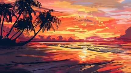 Anime style, serene beach at sunset, vibrant orange and pink sky, gentle waves, silhouette of palm trees, low-angle shot, warm glow. 