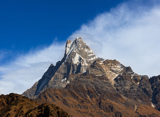 Machapuchare, Fishtail Mountain. Annapurna massif of Gandaki Province, north-central Nepal. View from Mardi Himal Trek, Annapurna Sanctuary. Teahouse Trek Hiking Destination, Himalayan Mountain Range.