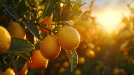 Beautiful Sunrise Over Lush Lemon Orchard, Shimmering Golden Lemons Bathed in Warm Morning Light, Fresh Citrus Fruits in Vibrant Green Foliage, Nature's Bounty at Dawn
