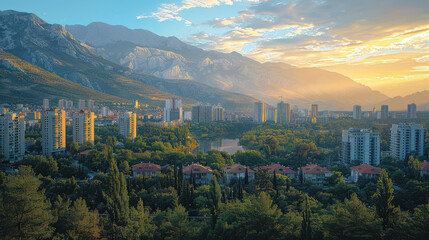 Fototapeta premium City skyline of Podgorica, Montenegro created with Generative AI technology