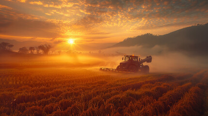 Fototapeta premium A tractor harvesting crops in a golden field at sunrise, capturing the essence of farming and agricultural productivity.